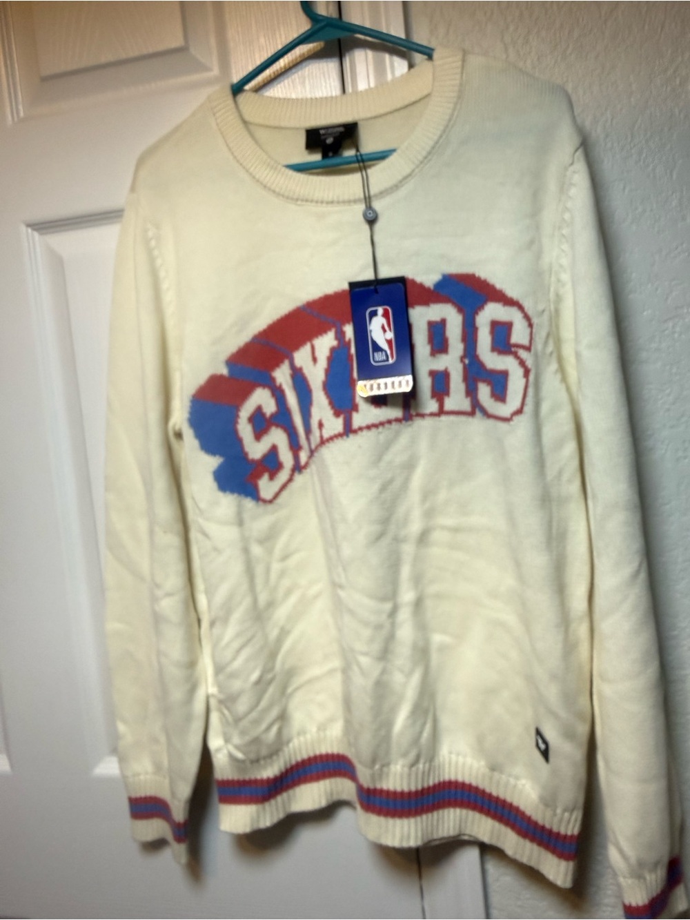 NBA Sixers Cream Crewneck with Red and Blue Logo